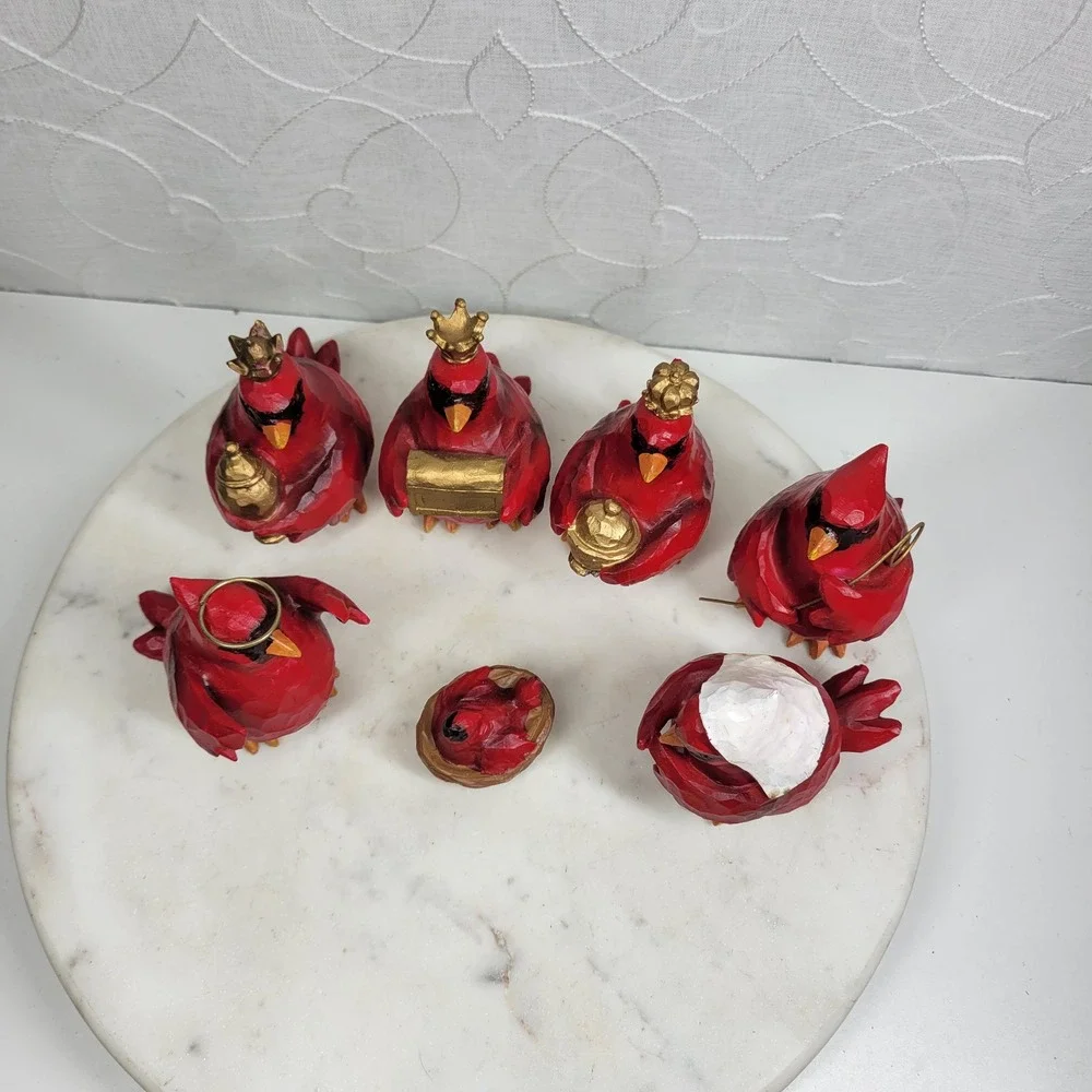 Slifka Cardinal Nativity 7 Pc Set Red Resin Christmas Birds Decor Folk Art